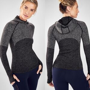 Fabletics Avaline Seamless Ribbed Jacquard Long Sleeve Hoodie Grey Black Medium
